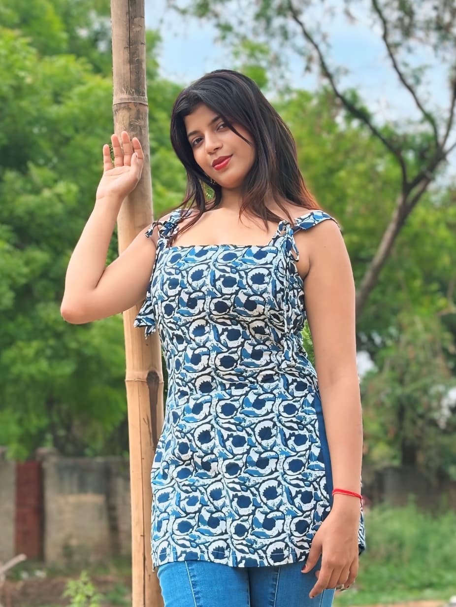 Indigo Bloom Cotton Short Kurti